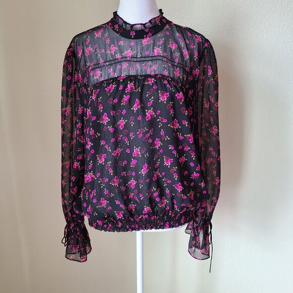 Express Blouse Medium Women Ditzy Floral Lined Frilled Neck Ruffle Wrist 90s Y2k - Picture 1 of 7
